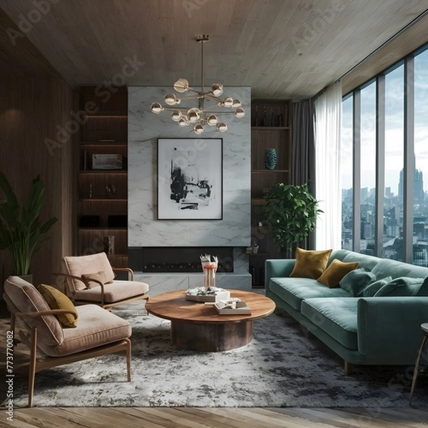 Fototapeta beautiful modern living room design by a architect in a apartment with view on the city 