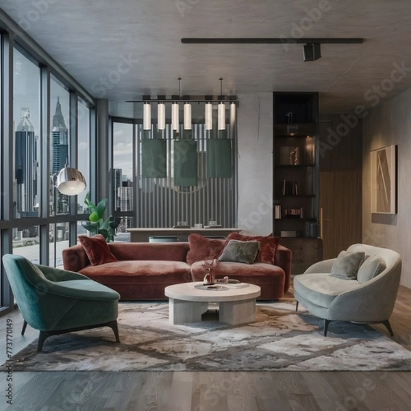 Fototapeta beautiful modern living room design by a architect in a apartment with view on the city 