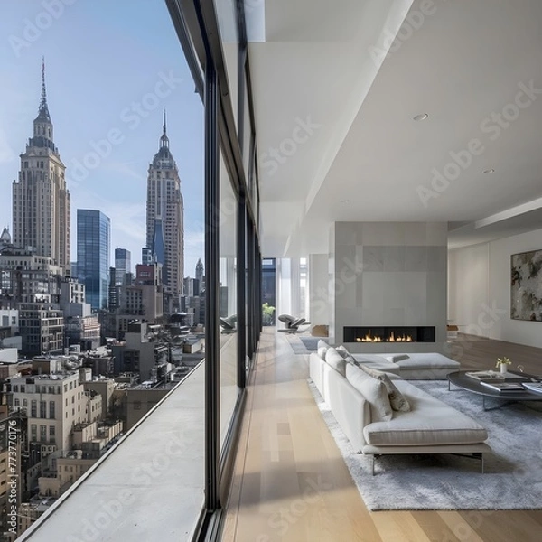 Fototapeta beautiful modern living room design by a architect in a apartment with view on the city 