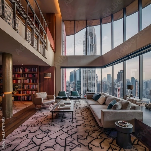 Fototapeta beautiful modern living room design by a architect in a apartment with view on the city 