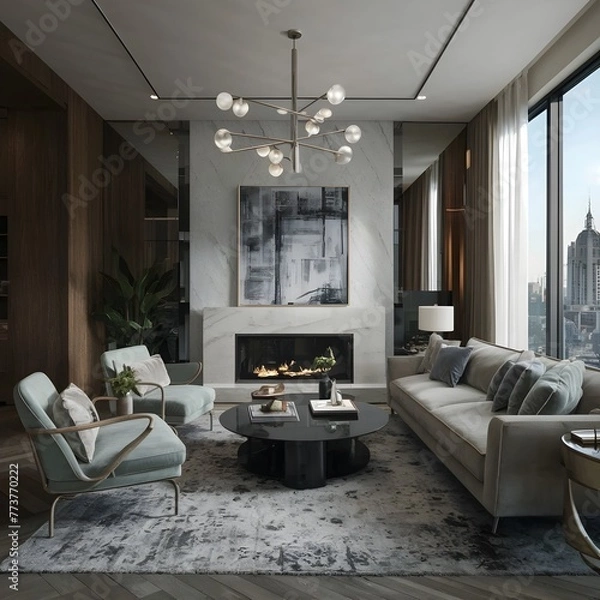 Fototapeta beautiful modern living room design by a architect in a apartment with view on the city 