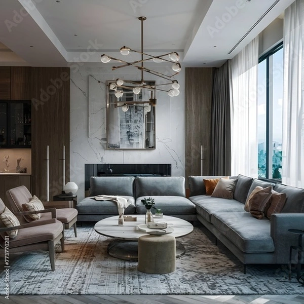 Fototapeta beautiful modern living room design by a architect in a apartment with view on the city 