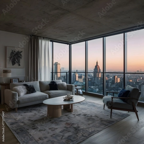 Fototapeta beautiful modern living room design by a architect in a apartment with view on the city 