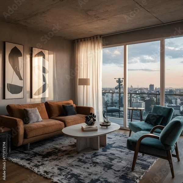 Fototapeta beautiful modern living room design by a architect in a apartment with view on the city 