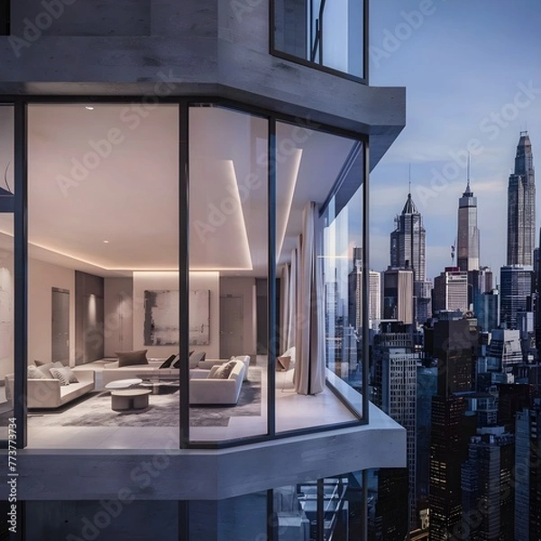Fototapeta beautiful modern living room design by a architect in a apartment with view on the city 