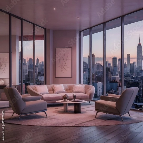 Fototapeta beautiful modern living room design by a architect in a apartment with view on the city 