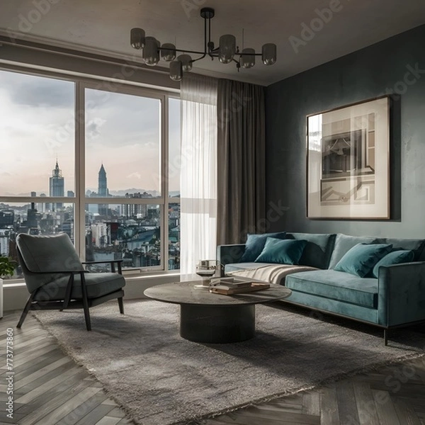 Fototapeta beautiful modern living room design by a architect in a apartment with view on the city 