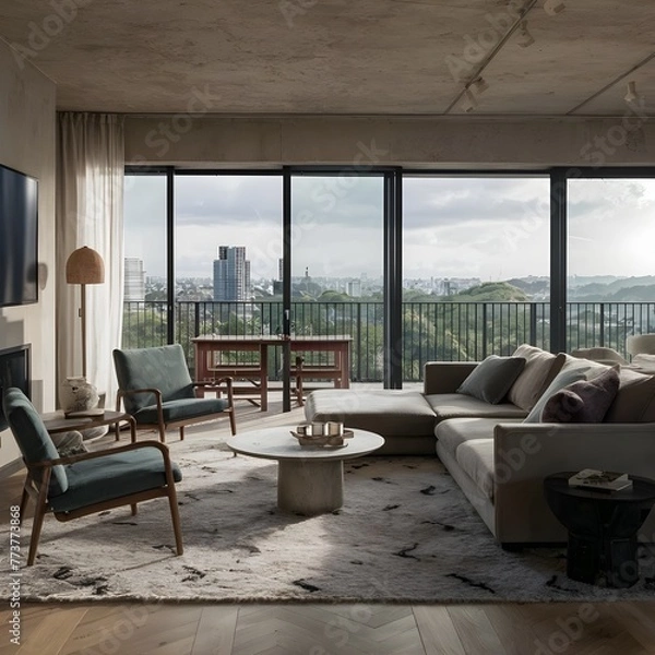 Fototapeta beautiful modern living room design by a architect in a apartment with view on the city 