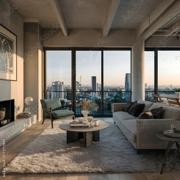 Fototapeta beautiful modern living room design by a architect in a apartment with view on the city 