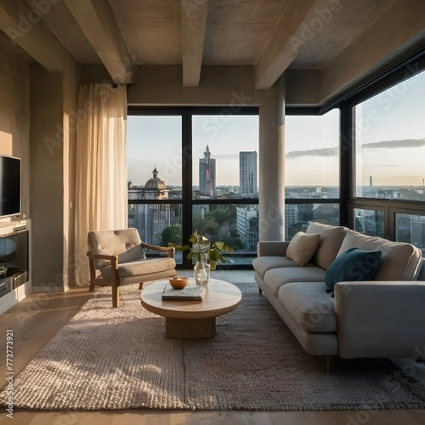 Fototapeta beautiful modern living room design by a architect in a apartment with view on the city 