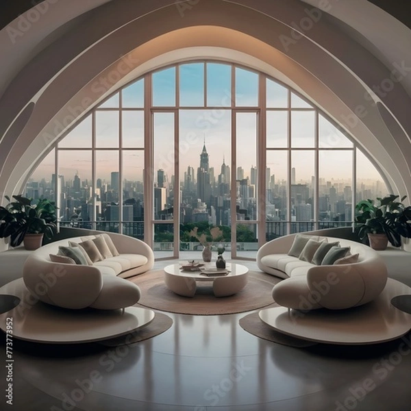 Fototapeta beautiful modern living room design by a architect in a apartment with view on the city 