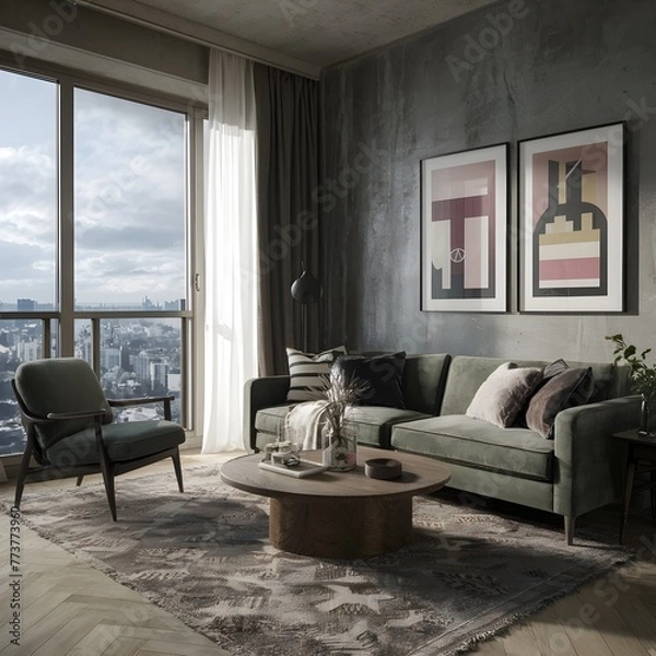 Fototapeta beautiful modern living room design by a architect in a apartment with view on the city 