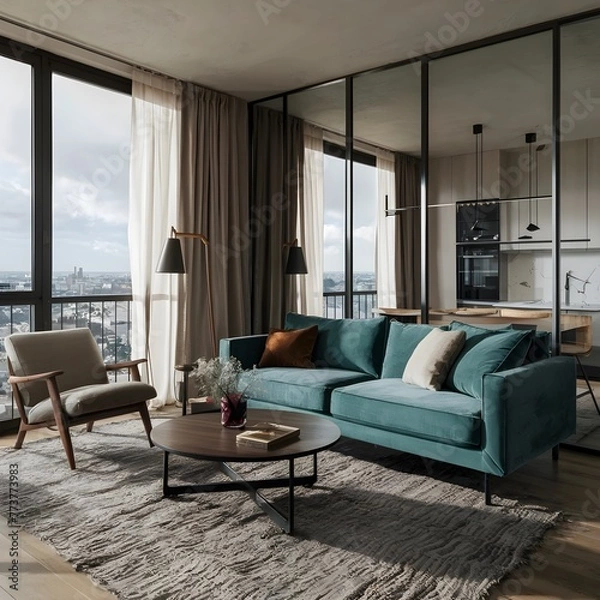 Fototapeta beautiful modern living room design by a architect in a apartment with view on the city 