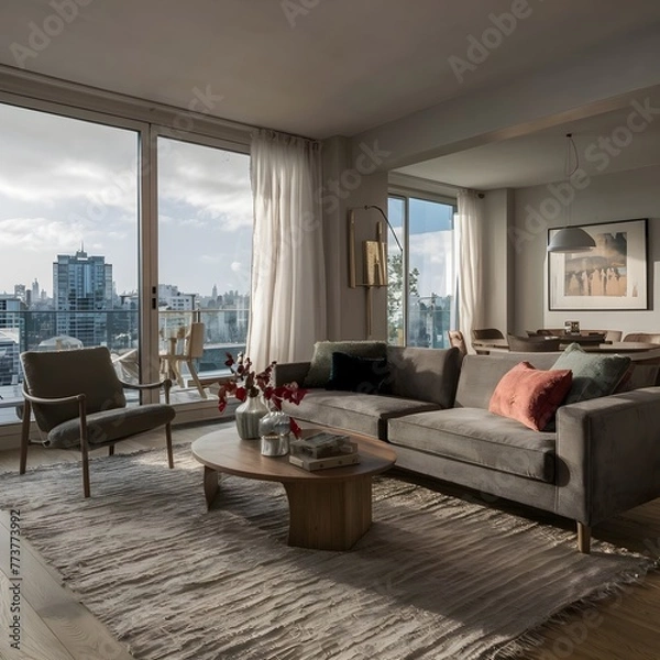 Fototapeta beautiful modern living room design by a architect in a apartment with view on the city 