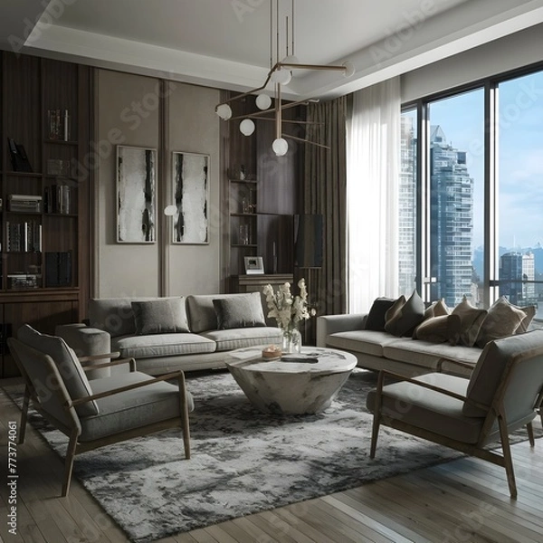 Fototapeta beautiful modern living room design by a architect in a apartment with view on the city 