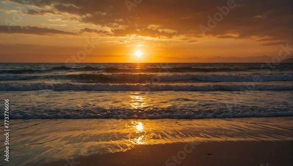 Obraz painting of a sunset over the ocean with waves crashing on the beach and clouds in the sky over the ocean and a beautiful beach area