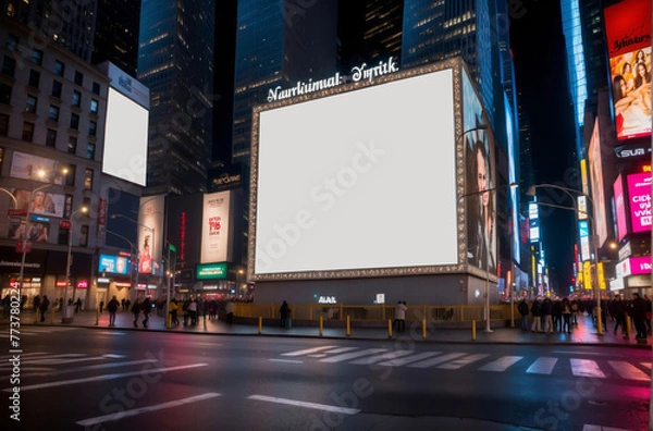 Fototapeta szeroki krajobraz poziomy kwadratowy pusty billboard w nocnym mieście, makieta pustego billboardu w Nowym Jorku Times Square