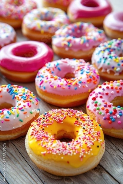 Fototapeta A row of colorful donuts with sprinkles on top