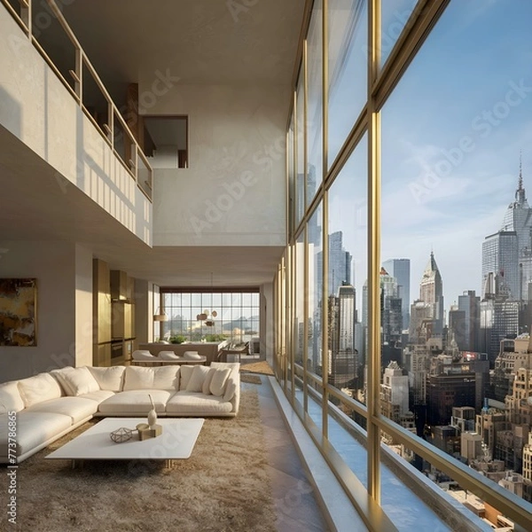 Fototapeta beautiful modern living room design by a architect in a apartment with view on the city 