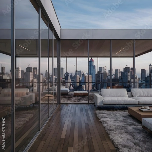 Fototapeta beautiful modern living room design by a architect in a apartment with view on the city 