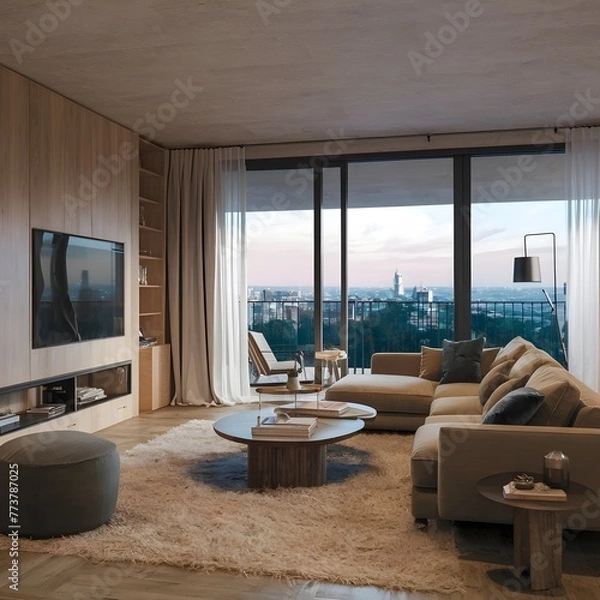 Fototapeta beautiful modern living room design by a architect in a apartment with view on the city 