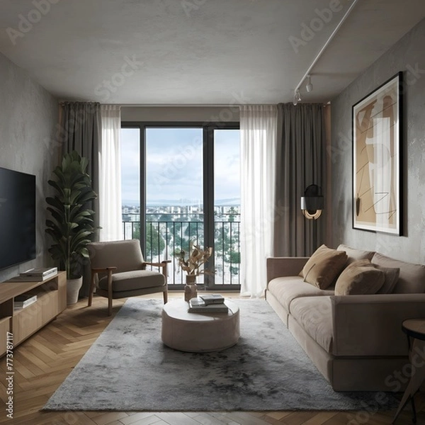 Fototapeta beautiful modern living room design by a architect in a apartment with view on the city 