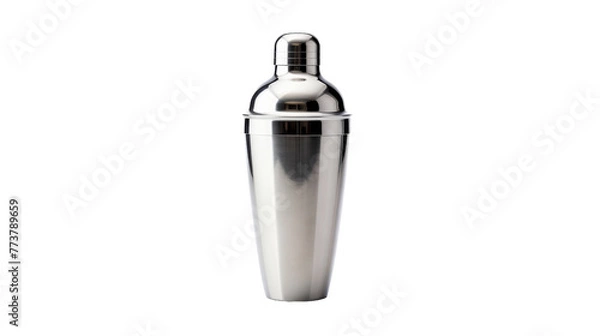 Fototapeta A gleaming stainless steel cocktail shaker sits on a pristine white background