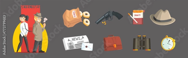 Obraz Classic Detective Items and Tools Colorful Vector Set