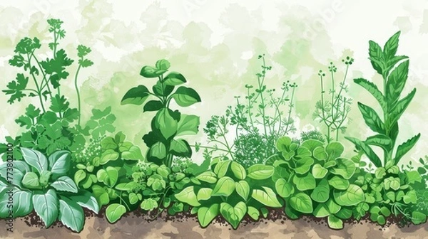 Fototapeta An illustration of a backyard herb garden with basil mint and parsley  AI generated illustration