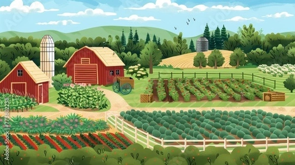 Obraz An illustration of a sustainable agriculture farm with crop rotation and composting  AI generated illustration