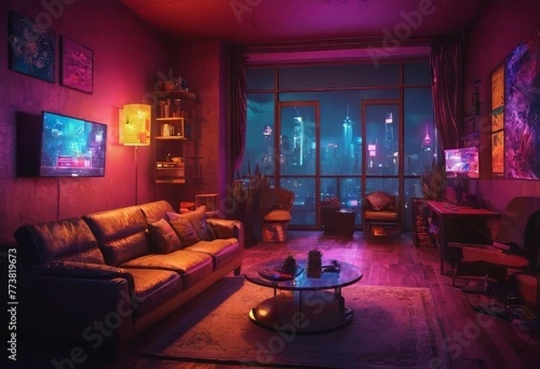 Fototapeta Beautiful Retro-Futuristic Portrait of a Human Gamer Girl Resembling an Android Robot with Artificial Intelligence, Travelling in Modern City with Neon Lights and Colorful Cyberpunk Vibe