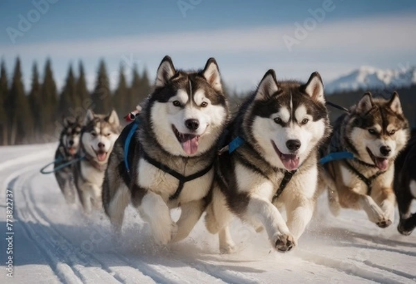 Fototapeta front view at four siberian huskys at race in winter