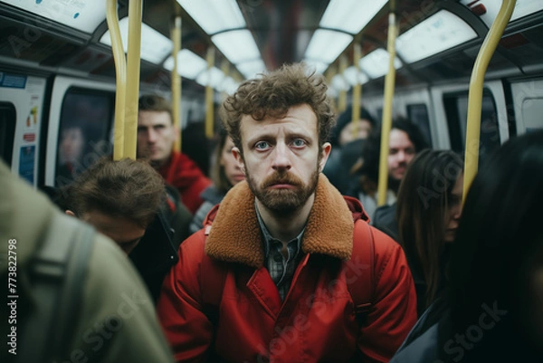 Obraz A sad depressed and alienated man makes his routine subway trip to work in the office