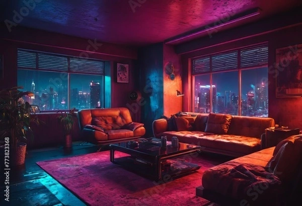 Fototapeta Beautiful Retro-Futuristic Portrait of a Human Gamer Girl Resembling an Android Robot with Artificial Intelligence, Travelling in Modern City with Neon Lights and Colorful Cyberpunk Vibe