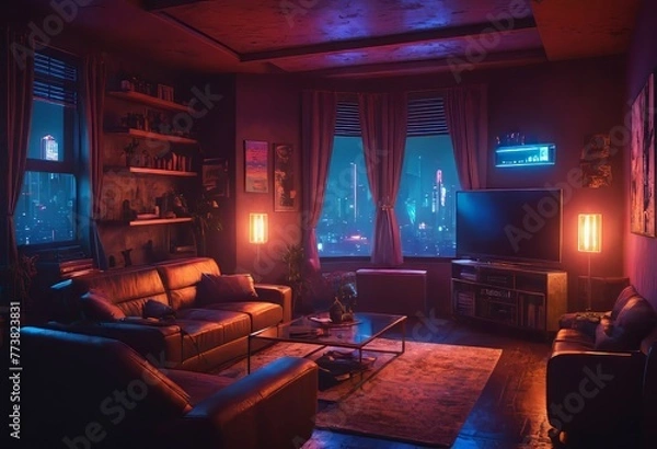 Fototapeta Beautiful Retro-Futuristic Portrait of a Human Gamer Girl Resembling an Android Robot with Artificial Intelligence, Travelling in Modern City with Neon Lights and Colorful Cyberpunk Vibe