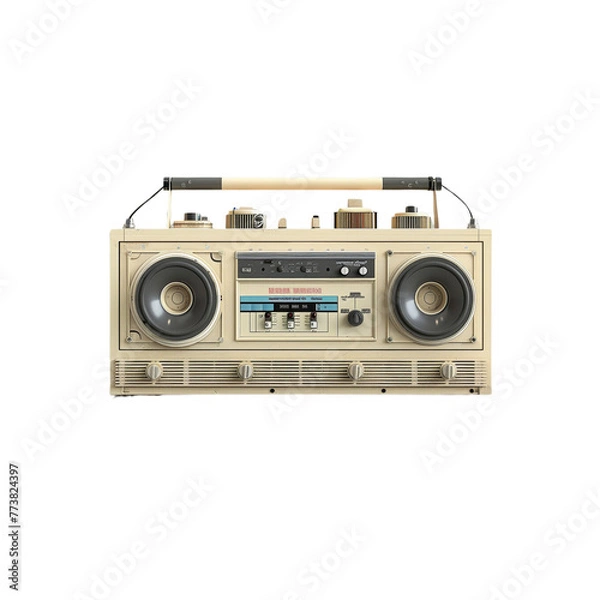 Fototapeta 3D render of a retro beige boombox on a light grey background