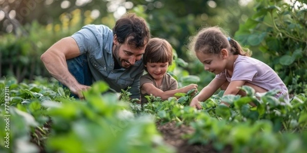 Fototapeta Family working on allotment together