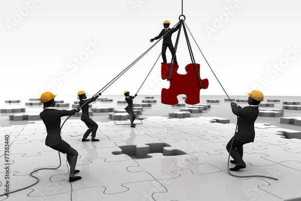 Fototapeta Team assembling a giant jigsaw puzzle