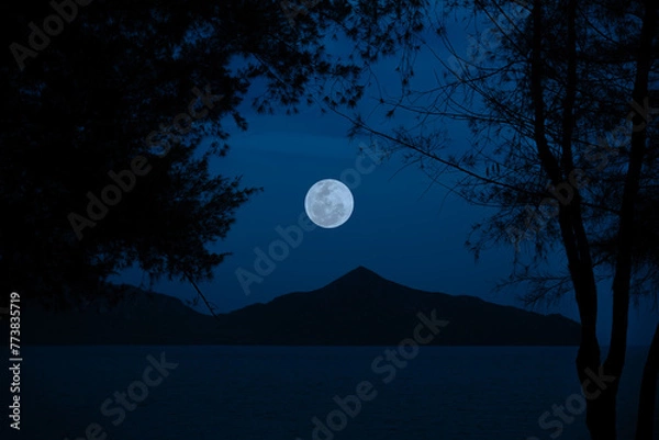 Fototapeta Full moon on sky over sea with mountain in the night.