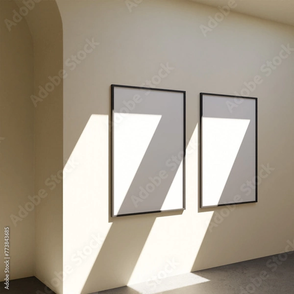 Obraz clean minimalist two portrait frame mockup poster on the beige wall in the gallery room from the side view