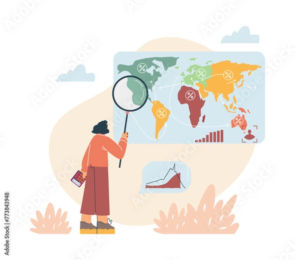 Fototapeta A young female scientist analyzes research on global demographic data.