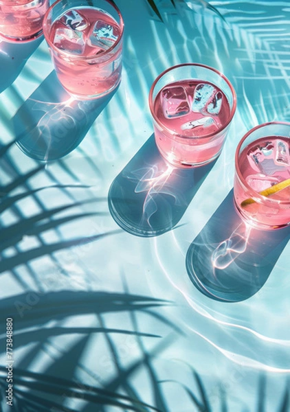 Fototapeta Pink drinks in glasses with lemonade and ice cubes by pool. Palm leaves, shadows, pastel blue background. Minimal summer aesthetic.