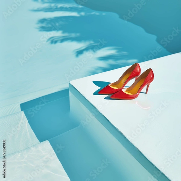 Fototapeta Bright red high heels on the edge of an pool. Shadowplay, pastel yellow and soft blue colors, minimalistic. Summer vibes in the style of pastel aesthetic.