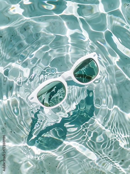 Fototapeta White sunglasses floating in crystal clear water. Sunlight . Summer atmosphere. Pool idea.