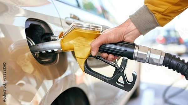 Fototapeta man gas station holding a fuel pump nozzle, with various activities related to a gas station environment