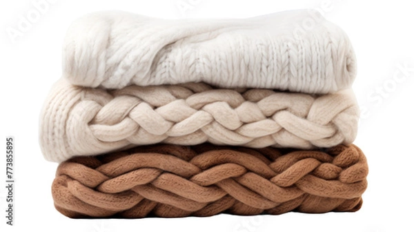 Fototapeta Three different colored blankets stacked neatly on top of each other