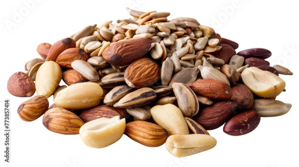 Fototapeta A dynamic pile of assorted nuts sprawled across a pristine white background