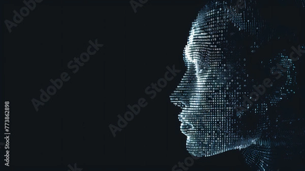 Fototapeta Facing digital head composed of numbers on black backgournd