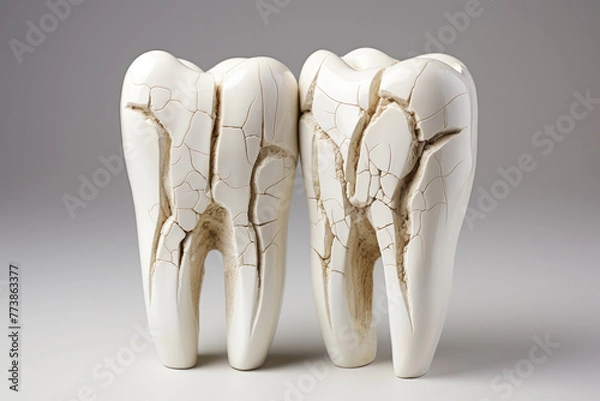 Fototapeta Detailed close-up view of damaged tooth enamel with two models showcasing cracked teeth. The enamel damage is clearly visible and serves as a warning about dental health and tooth care.