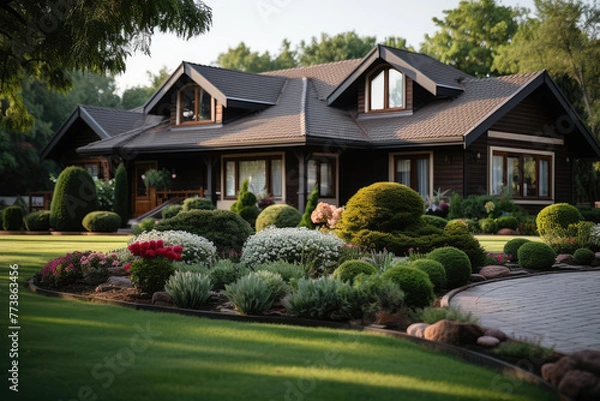 Fototapeta Peaceful and serene cottage area landscape design with lush greenery and scenic view